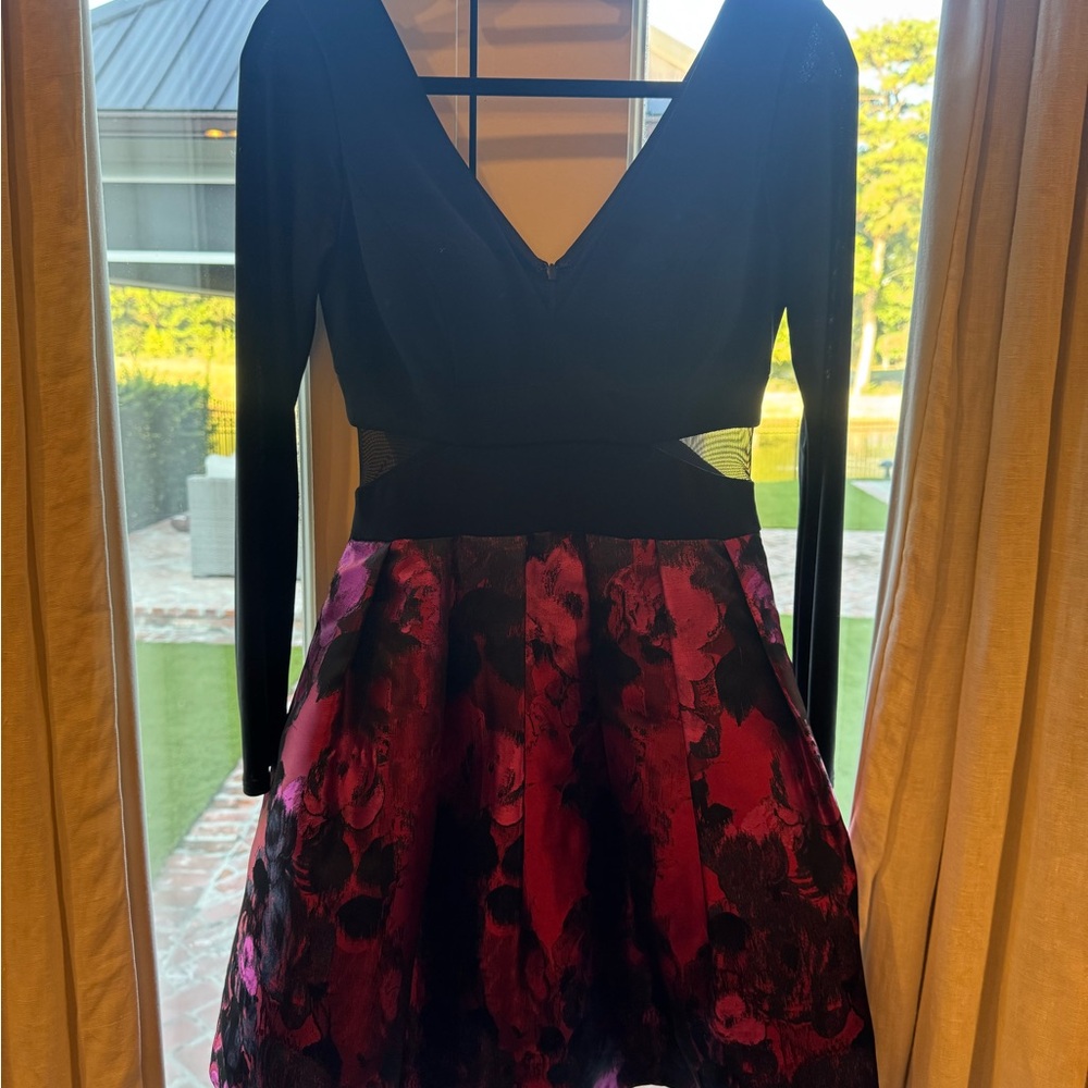 Xscape Black and Pink Long Sleeve Dress